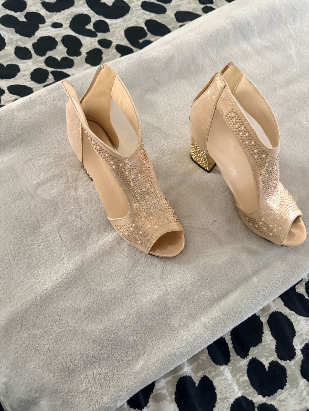 Women's Nude Peep-Toe Dress Heels / booties with Crystal and mini pearl Accents